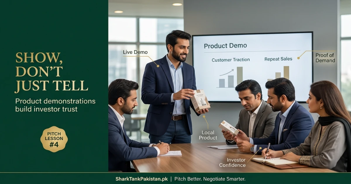 Pakistani founder showing product sample to an investor during a mock pitch