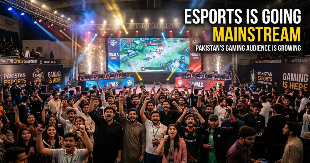Pakistani esports tournament with large crowd at a Lahore arena watching PUBG Mobile finals
