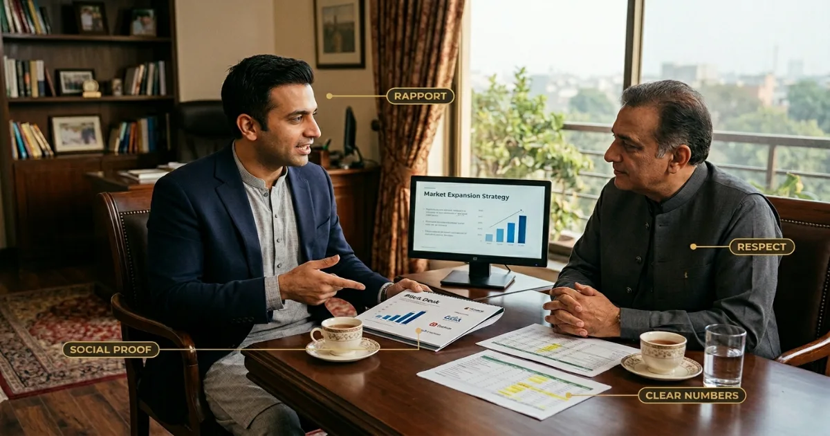 Pakistani entrepreneur using persuasion in business meeting with angel investor in a Lahore office setting