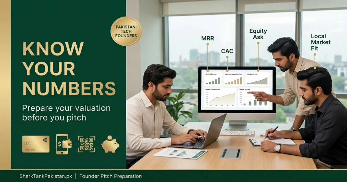 Pakistani tech startup team preparing pitch deck with valuation figures