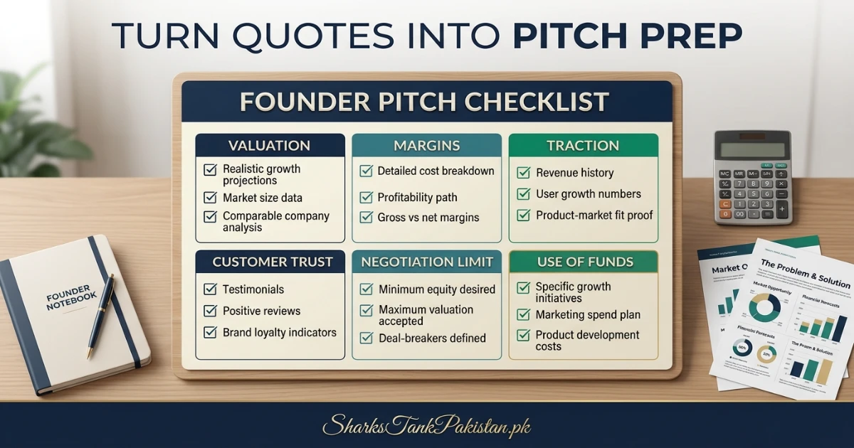 Shark Tank Pakistan quotes and founder lessons visual with investors and startup pitch notes