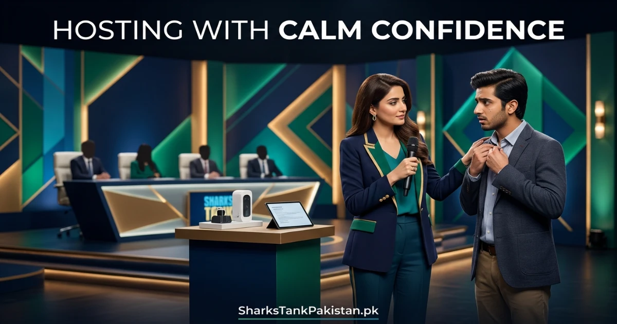 Rabab Hashim Shark Tank Pakistan hosting with entrepreneur pitch