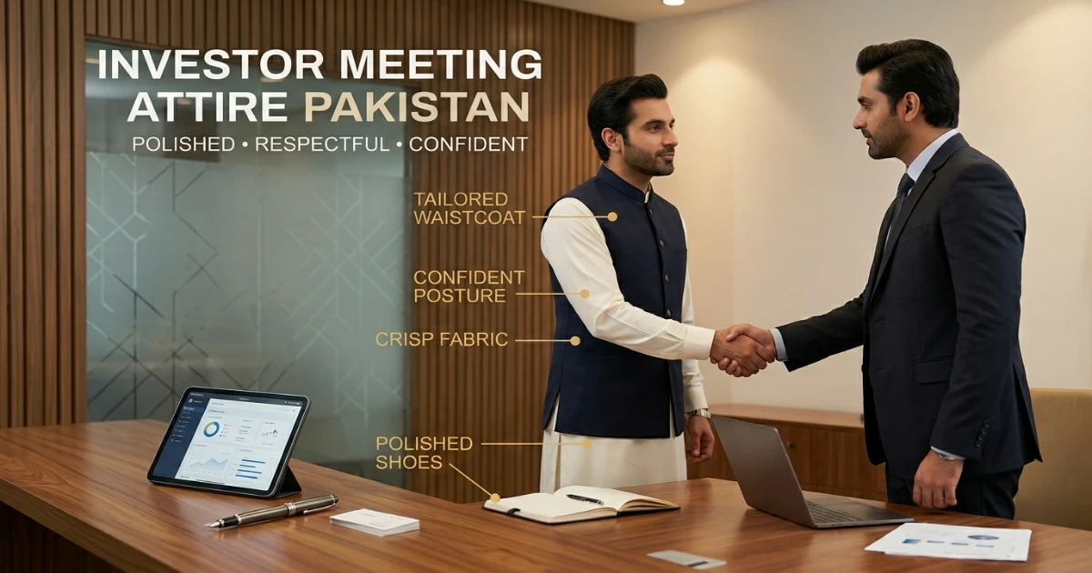 Founder in premium shalwar kameez with waistcoat presenting to investors