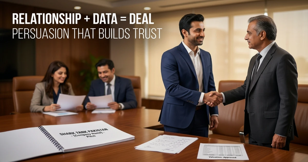 Successful persuasion in business Pakistan shown by a founder shaking hands with a shark after a deal on stage