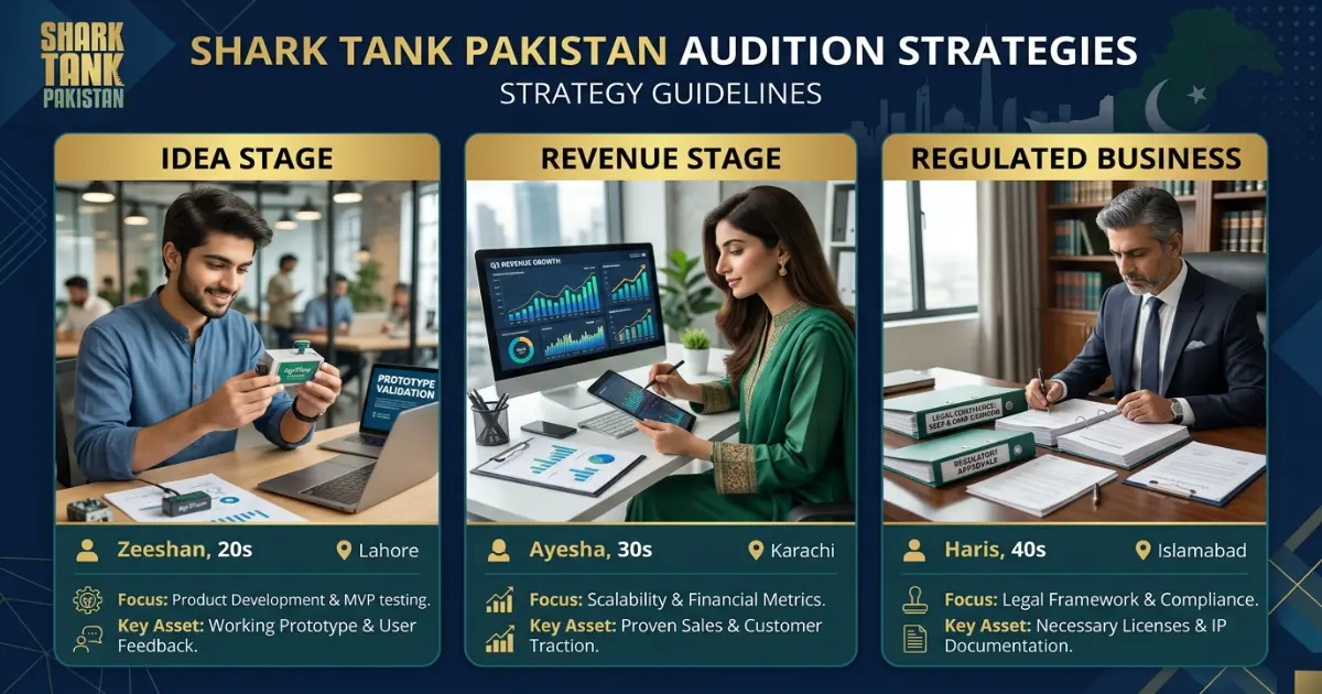 Three different Pakistani entrepreneur profiles preparing for Shark Tank Pakistan audition with tailored strategies