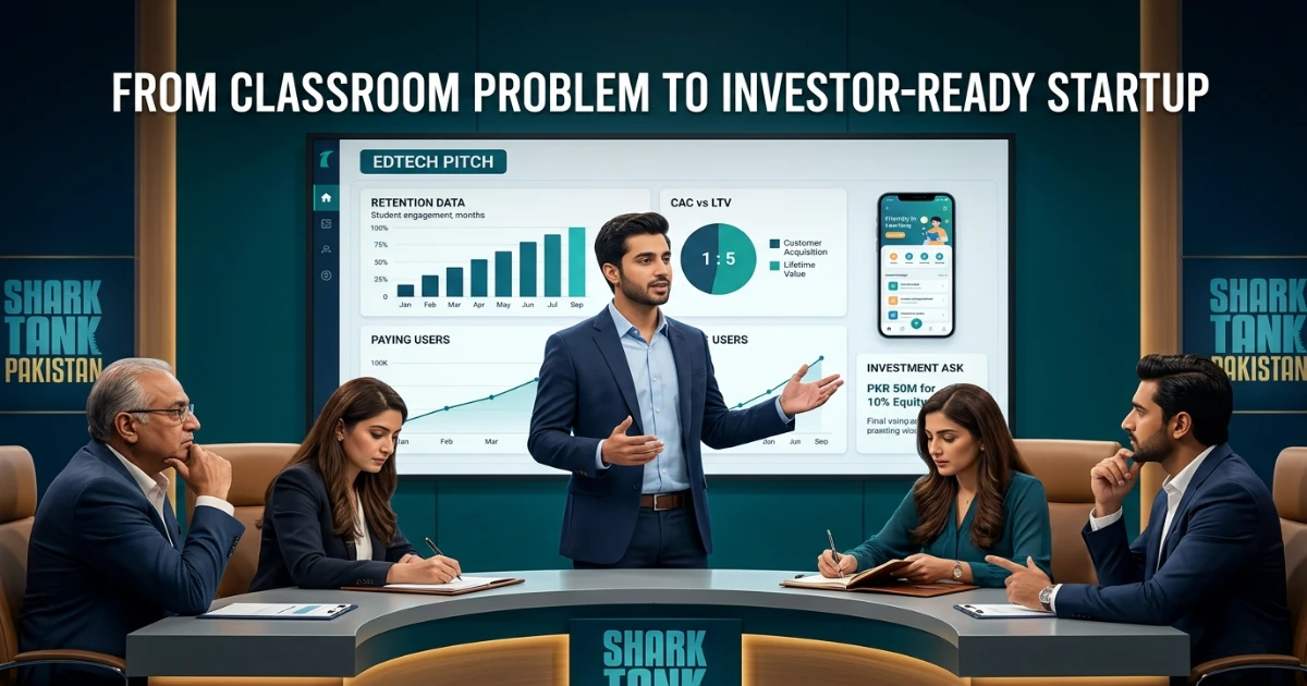 Shark Tank Pakistan stage with an EdTech business Pakistan founder pitching to the sharks