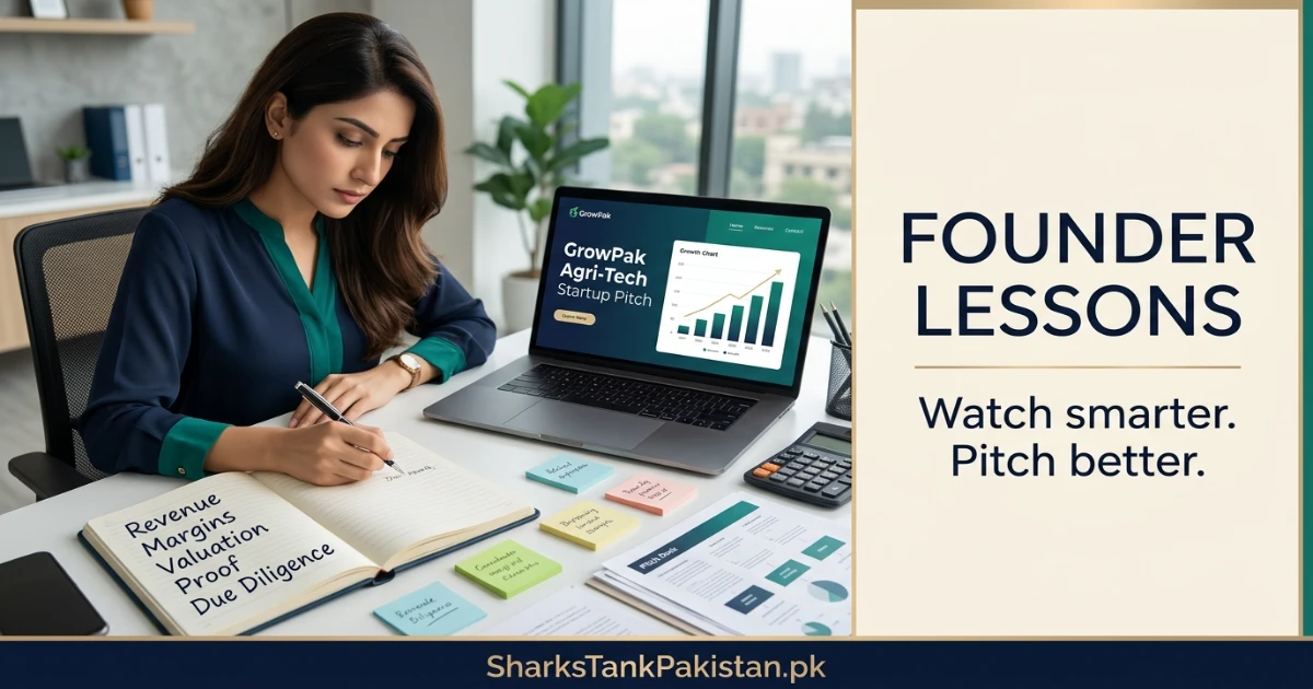 Founder taking notes while using a Shark Tank Pakistan episode guide to prepare a startup pitch