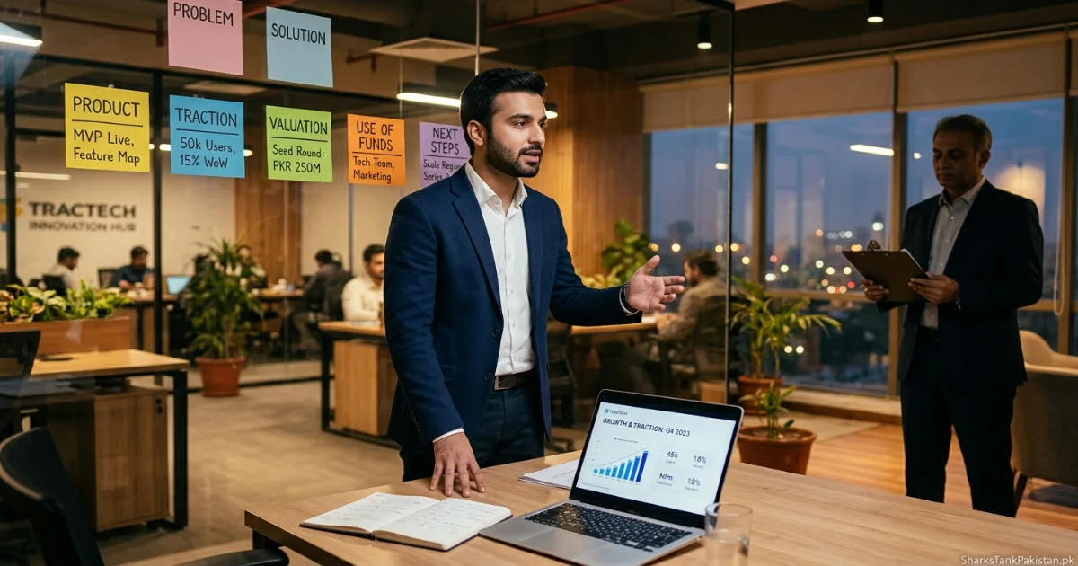 founder preparing shark tank pakistan pitch framework with valuation notes