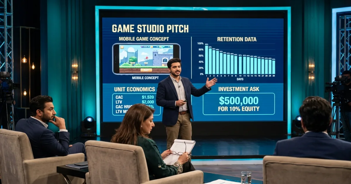 Conceptual image of a gaming studio founder pitching on the Shark Tank Pakistan stage with sharks listening