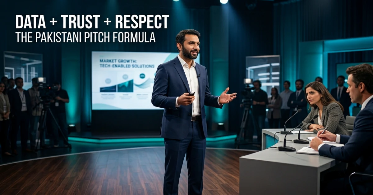 Pakistani entrepreneur using persuasion techniques on Shark Tank Pakistan stage while sharks listen intently