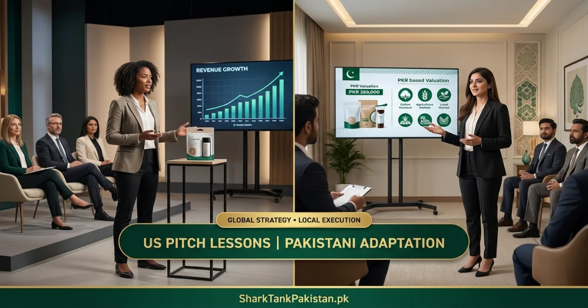 Split image of Shark Tank US set and Shark Tank Pakistan set with entrepreneurs pitching