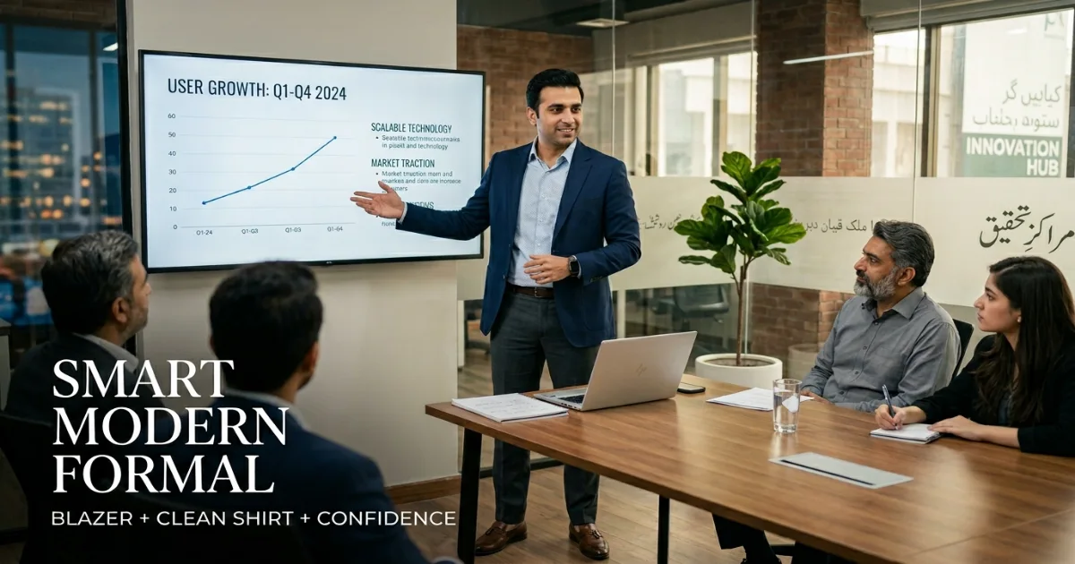 Pakistani tech founder in smart blazer and clean shirt pitching to investors