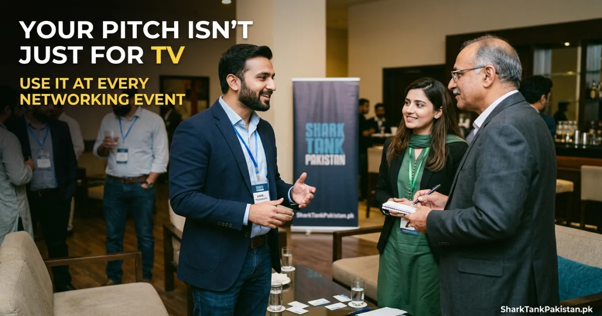 Pakistani founder practicing tell me about your business pitch at a Lahore networking event with investors