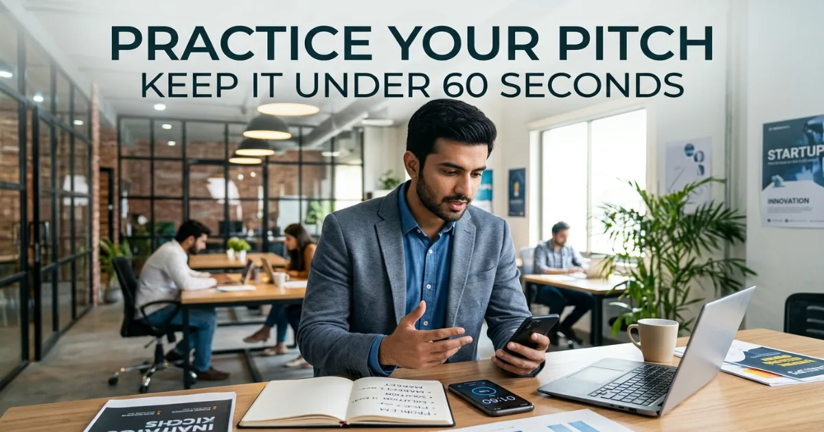 Pakistani entrepreneur practicing tell me about your business pitch with a 60-second timer on phone