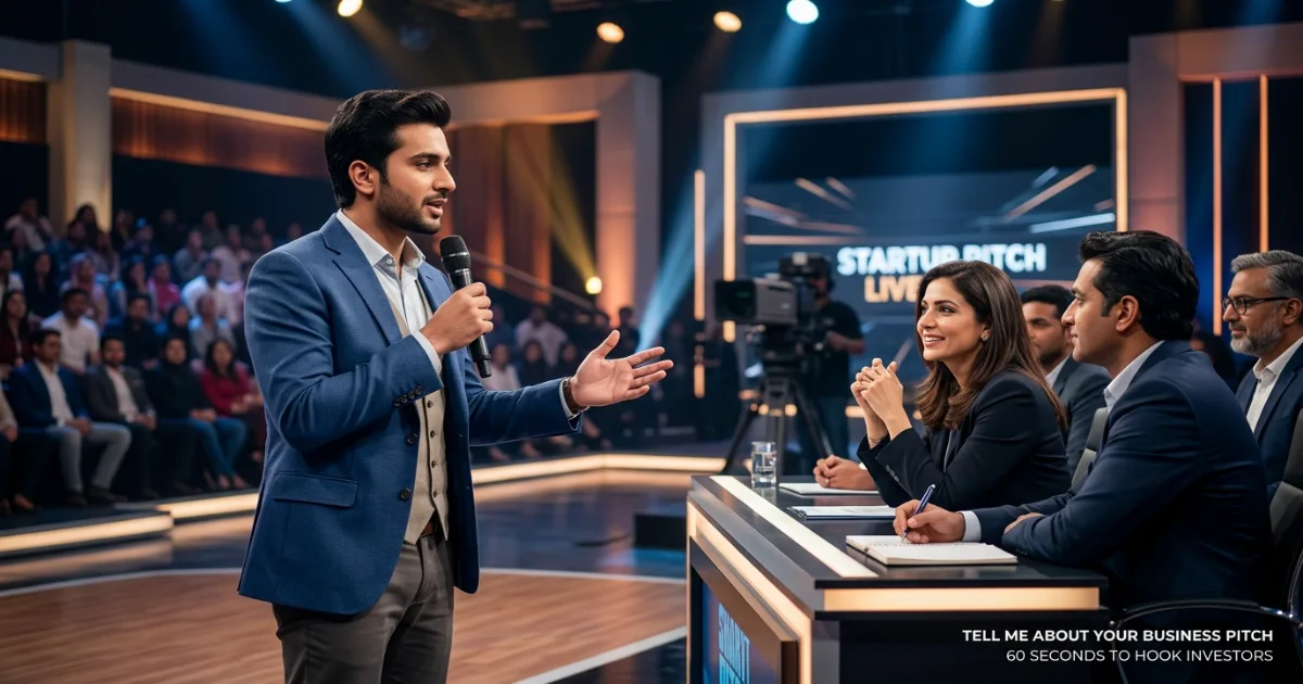 Pakistani founder delivering a tell me about your business pitch on Shark Tank Pakistan stage