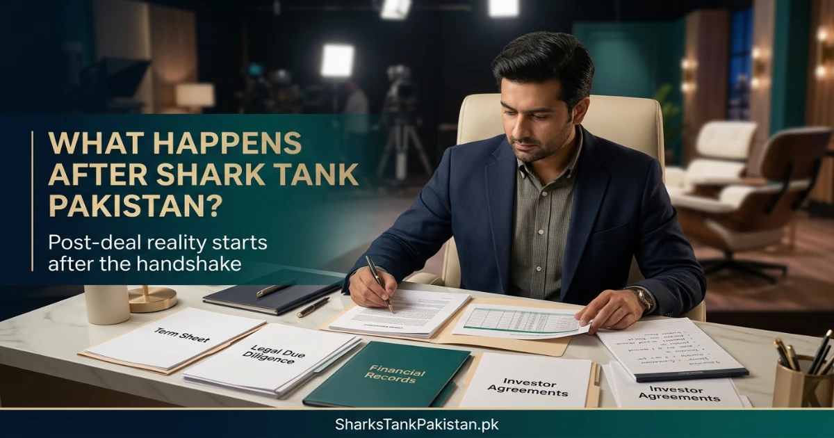 What happens after Shark Tank Pakistan founder reviewing post-deal paperwork after TV handshake